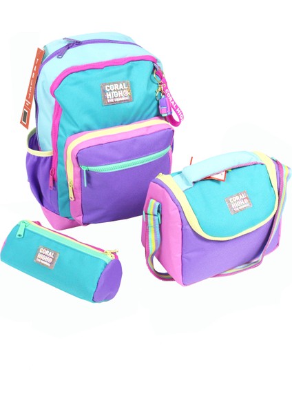 Ch 23759 Turkuaz - Renkli Şeritler - 3' Lü Okul Çantası Seti - Sırt ve Beslenme Çantası + Kalemlik fiyatları