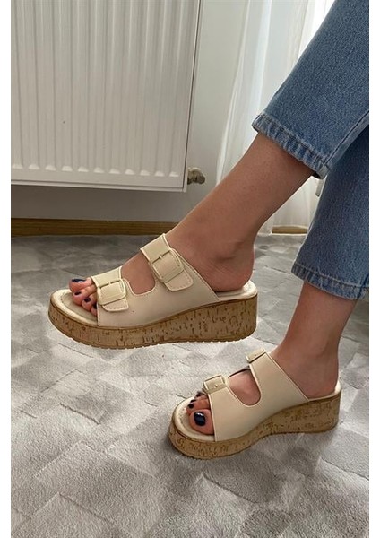 Kadın Bej Çift Bant Kalın Mantar Taban Ortopedik Sandalet Terlik K-270