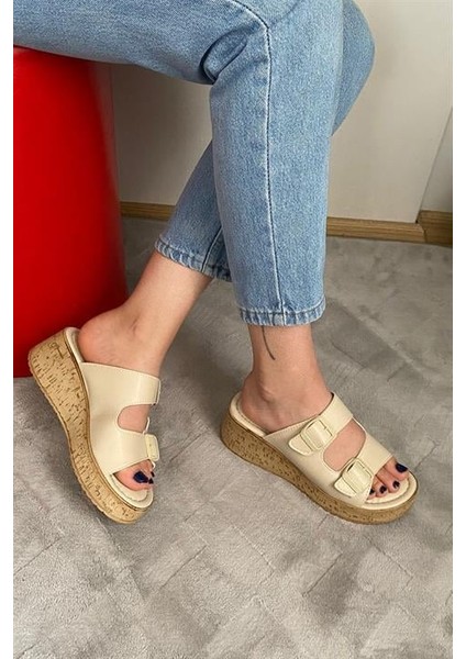 Kadın Bej Çift Bant Kalın Mantar Taban Ortopedik Sandalet Terlik K-270 fiyatları