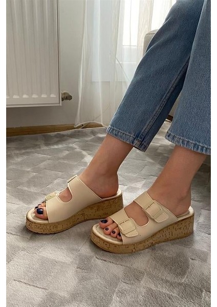 Kadın Bej Çift Bant Kalın Mantar Taban Ortopedik Sandalet Terlik K-270 modelleri