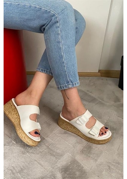 Kadın Beyaz Çift Bant Kalın Mantar Taban Ortopedik Sandalet Terlik K-270 fiyatları