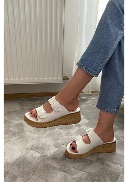 Kadın Beyaz Çift Bant Kalın Mantar Taban Ortopedik Sandalet Terlik K-270 modelleri