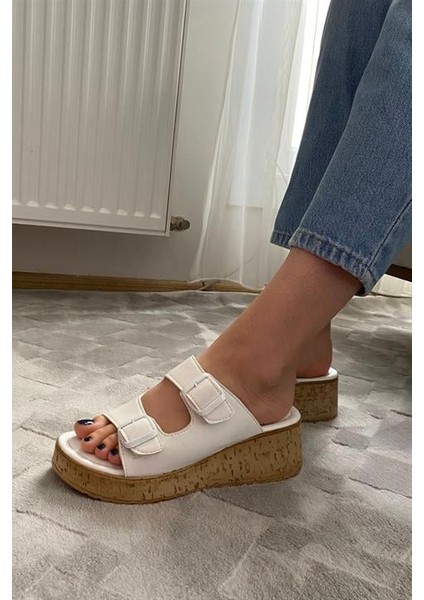 Kadın Beyaz Çift Bant Kalın Mantar Taban Ortopedik Sandalet Terlik K-270 fırsatları