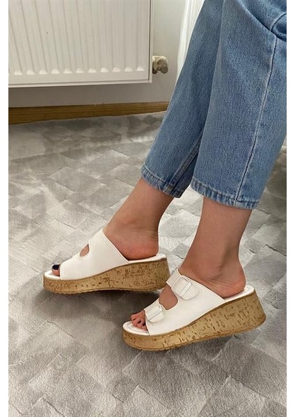 Kadın Beyaz Çift Bant Kalın Mantar Taban Ortopedik Sandalet Terlik K-270 indirimleri