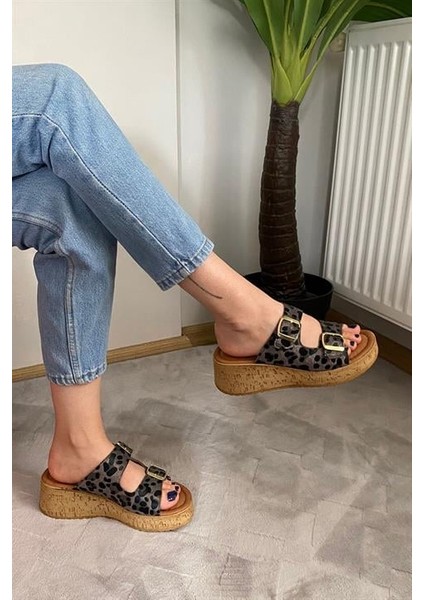 Kadın Siyah Leopar Çift Bant Kalın Mantar Taban Ortopedik Sandalet Terlik K-270