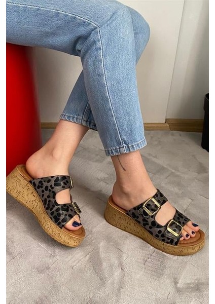 Kadın Siyah Leopar Çift Bant Kalın Mantar Taban Ortopedik Sandalet Terlik K-270 fiyatları