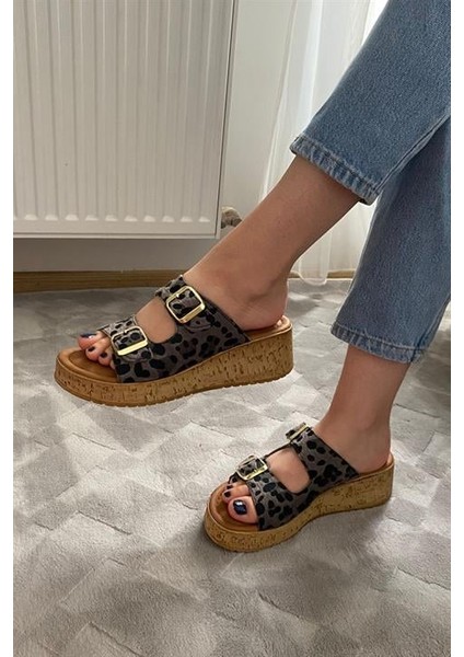 Kadın Siyah Leopar Çift Bant Kalın Mantar Taban Ortopedik Sandalet Terlik K-270 fırsatları