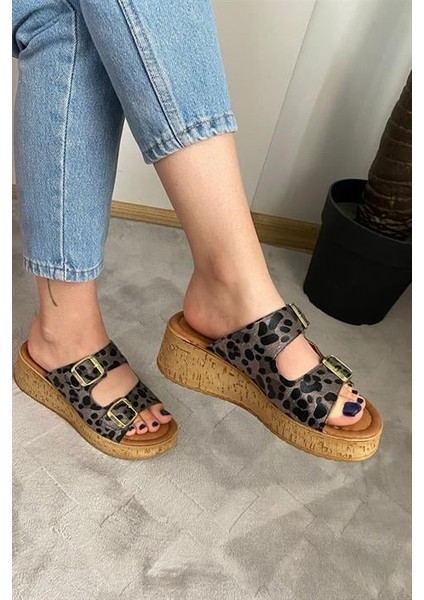Kadın Siyah Leopar Çift Bant Kalın Mantar Taban Ortopedik Sandalet Terlik K-270 indirimleri