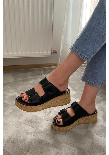Kadın Siyah Çift Bant Kalın Mantar Taban Ortopedik Sandalet Terlik K-270 modelleri