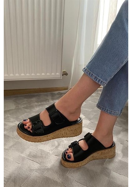 Kadın Siyah Çift Bant Kalın Mantar Taban Ortopedik Sandalet Terlik K-270 indirimleri
