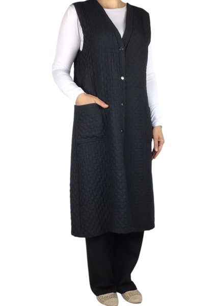 Kadın Önü Düğmeli Üstten Cepli Büyük Beden Kapitone Yelek