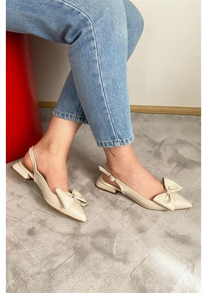 Krem Cilt Fiyoklu Arkası Acık 2 cm Topuklu Sivri Burun Babet fiyatları