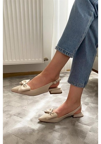 Krem Cilt Fiyoklu Arkası Acık 2 cm Topuklu Sivri Burun Babet modelleri