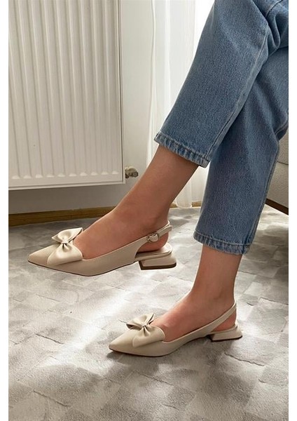 Krem Cilt Fiyoklu Arkası Acık 2 cm Topuklu Sivri Burun Babet fırsatları