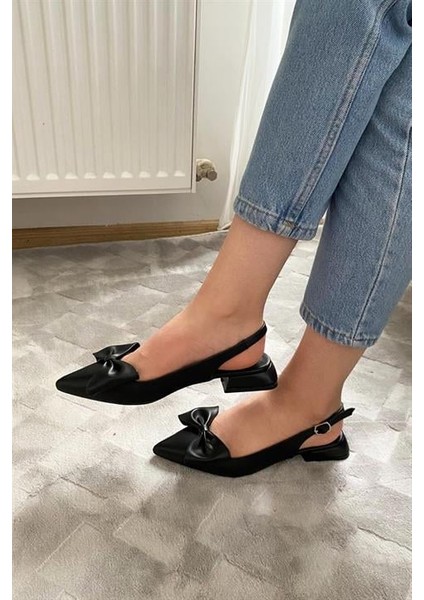 Siyah Cilt Fiyoklu Arkası Acık 2 cm Topuklu Sivri Burun Babet modelleri