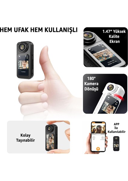 Mini Taşınabilir Aksiyon Kamera – 2.7k Ultra Hd Video, 180° Döner Lens, Wi-Fi Bağlantılı, 1.47″ Hd Ekran, Kompakt Vlogging & Spor Kamerası Mıknatıslı fiyatları