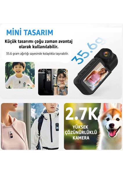 Mini Taşınabilir Aksiyon Kamera – 2.7k Ultra Hd Video, 180° Döner Lens, Wi-Fi Bağlantılı, 1.47″ Hd Ekran, Kompakt Vlogging & Spor Kamerası Mıknatıslı