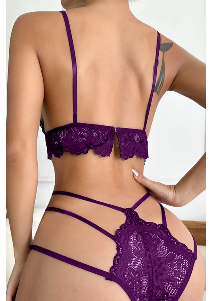 Kadın Mor Dantel Cut-Out Detaylı Şık Sütyen ve Külot Takımı modelleri