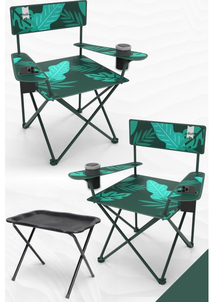 Qufi Katlanır Kamp Piknik Sandalyesi Rejisör Koltuğu - 2 Adet Yeşil + Kamp Sehpası