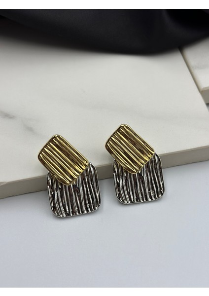 Altın Gümüş Çift Renk Çizgi Tasarım Şık Küpe