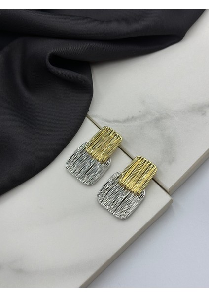 Altın Gümüş Çift Renk Çizgi Tasarım Şık Küpe modelleri