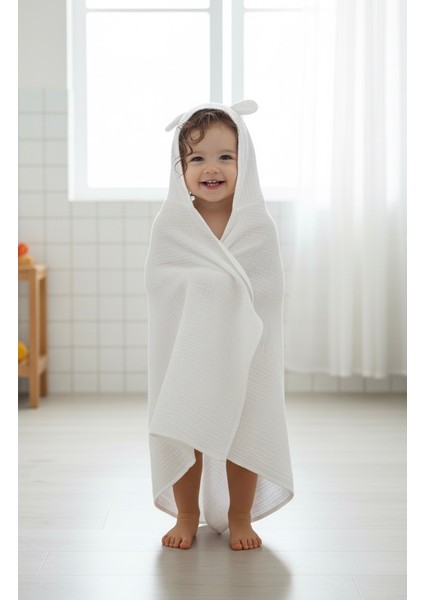 Şapkalı Çocuk Havlusu, %100 Pamuk, 2 Katlı Müslin Kumaş