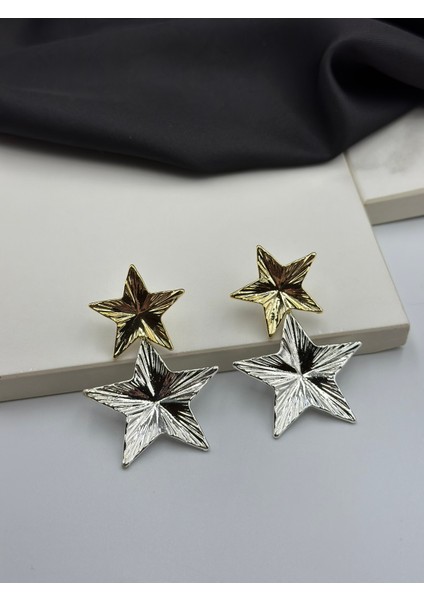 Altın Gümüş Çift Renk Yıldız Detaylı Tasarım Şık Küpe