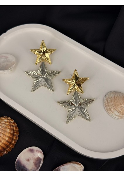 Altın Gümüş Çift Renk Yıldız Detaylı Tasarım Şık Küpe fiyatları