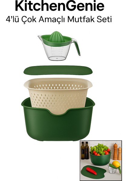 Kitchengenie 4’lü Çok Amaçlı Mutfak Seti | Süzgeçli Kap, Kesme Matı, Narenciye Sıkacağı