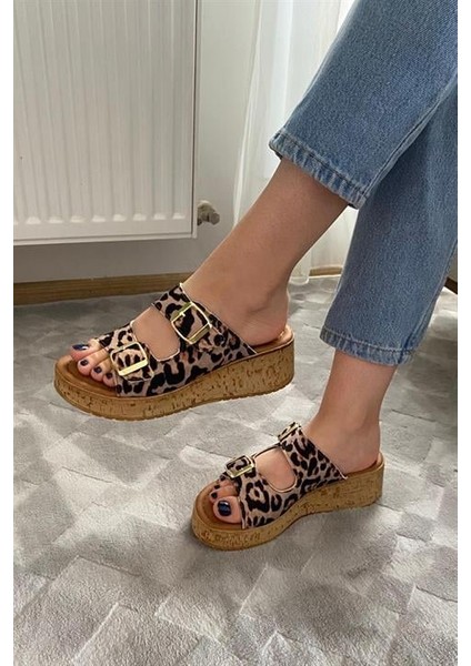 Kadın Leopar Desen Çift Bant Kalın Mantar Taban Ortopedik Sandalet Terlik K-270