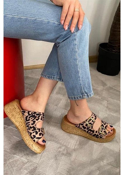Kadın Leopar Desen Çift Bant Kalın Mantar Taban Ortopedik Sandalet Terlik K-270 fiyatları