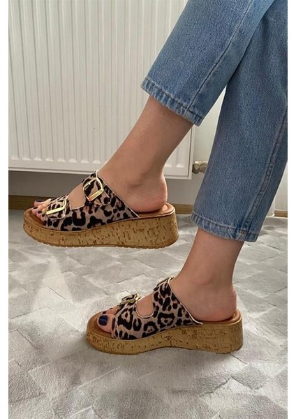Kadın Leopar Desen Çift Bant Kalın Mantar Taban Ortopedik Sandalet Terlik K-270 fırsatları