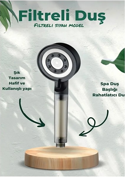 Duş Başlığı Siyah 5 Fonksiyonlu Çelik Su Tasarruflu Filtreli Turbo Jet Duş Başlığı