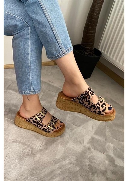 Kadın Leopar Desen Çift Bant Kalın Mantar Taban Ortopedik Sandalet Terlik K-270 indirimleri