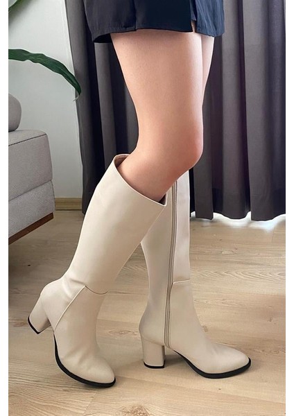 Kadın Paris Krem Cilt Yandan Fermuarlı Diz Altı Cizme 410 fiyatları