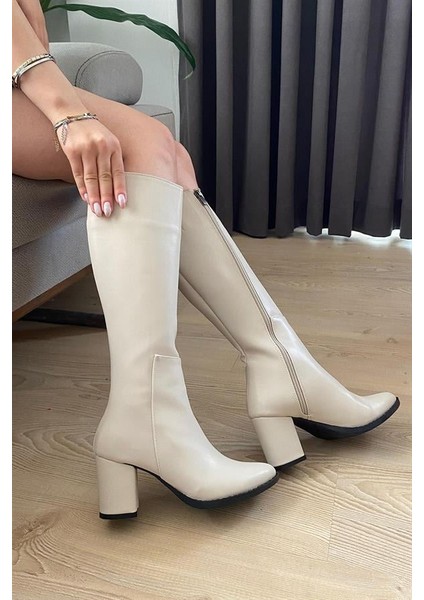 Kadın Paris Krem Cilt Yandan Fermuarlı Diz Altı Cizme 410 modelleri