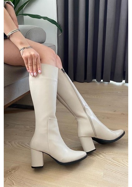 Kadın Paris Krem Cilt Yandan Fermuarlı Diz Altı Cizme 410 fırsatları