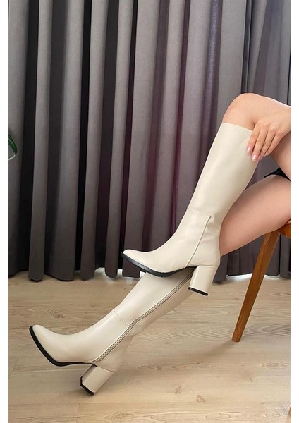 Kadın Paris Krem Cilt Yandan Fermuarlı Diz Altı Cizme 410 indirimleri