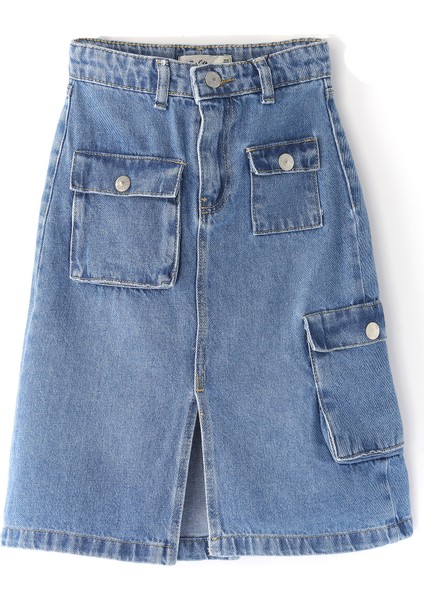 Midi Boy Kargo Cep Beli Lastik Ayarlı Kız Çocuk Kot Etek Midi Kız Denim Etek 001-0002072