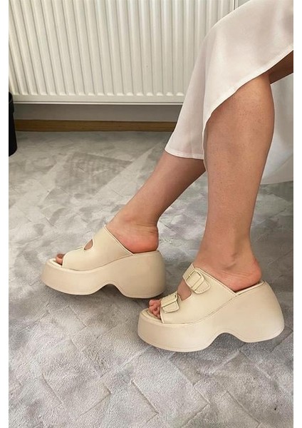 Kadın Bej Iki Tokalı Kalın Taban Ortopedik Sandalet K-3040 indirimleri