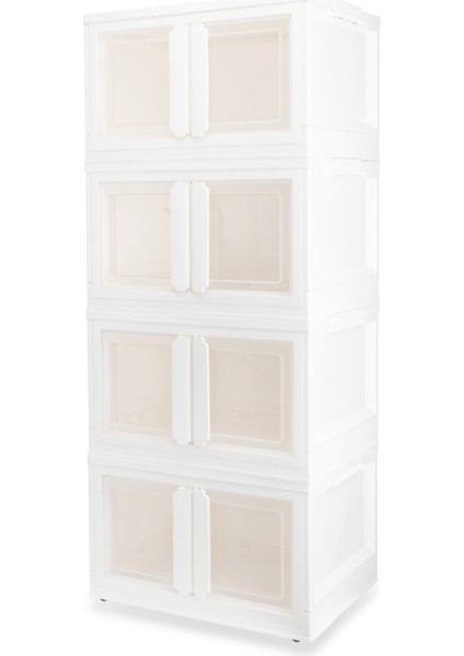 4 Raflı, x -Large Ebatlı, Üst Üste Istiflenebilir, Katlanabilir Dolap, Beyaz Kulplu