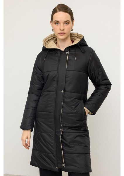 Kapüşonlu Garni Detaylı Kapitone Mont Siyah 6782 fırsatları