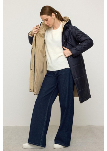 Kapüşonlu Garni Detaylı Kapitone Mont Lacivert 6782 fırsatları