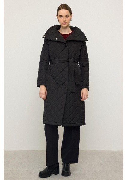 Çıkabilen Kapüşonlu Devrik Yaka Kapitone Mont Siyah 6792 modelleri