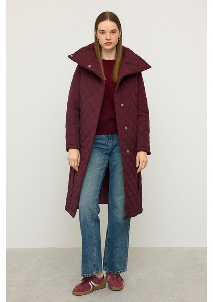 Çıkabilen Kapüşonlu Devrik Yaka Kapitone Mont Bordo 6792 fiyatları