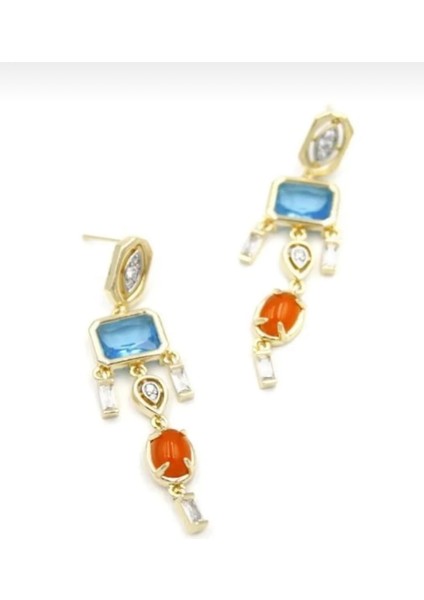 Gold Mavi-Turuncu Zirkon Taşlı Element Melis Göral Model Küpe