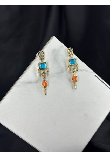 Gold Mavi-Turuncu Zirkon Taşlı Element Melis Göral Model Küpe fiyatları