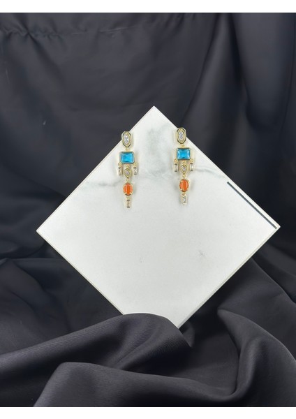 Gold Mavi-Turuncu Zirkon Taşlı Element Melis Göral Model Küpe modelleri