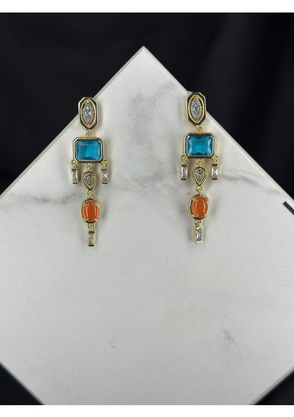 Gold Mavi-Turuncu Zirkon Taşlı Element Melis Göral Model Küpe fırsatları