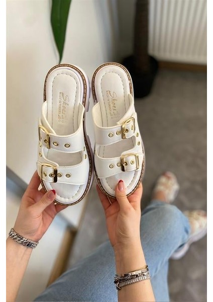 Kadın Çift Bantlı Kapsül Detaylı Kalın Taban Ortopedik Sandalet Terlik K-100